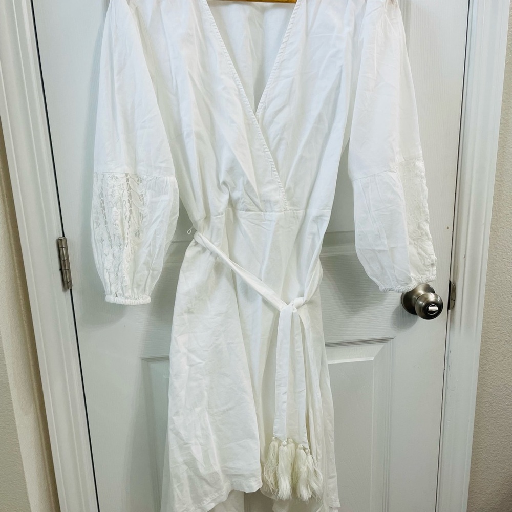 White Midi Wrap Dress with Tassel Belt